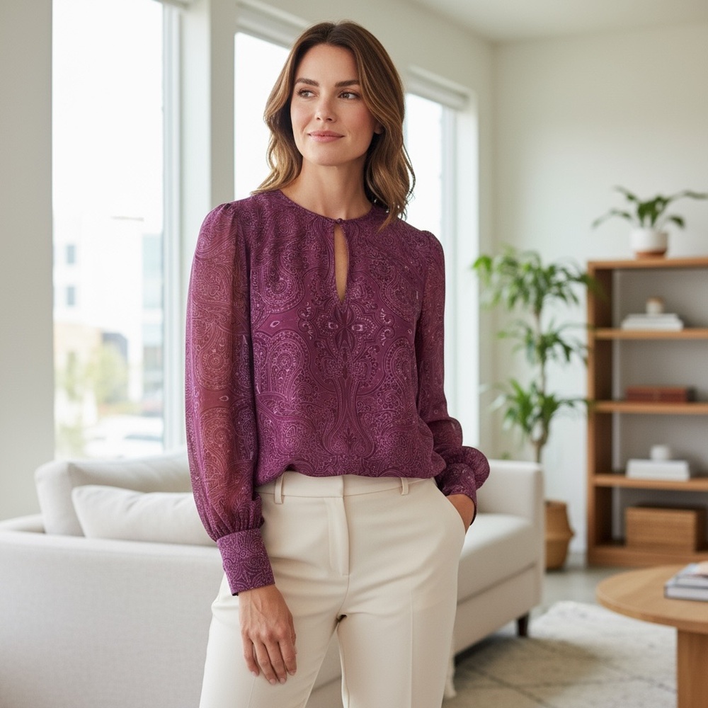INTERMIX Burgundy Plum Silk Paisley‎ Pullover Blouse with Keyhole Closure Sz. S